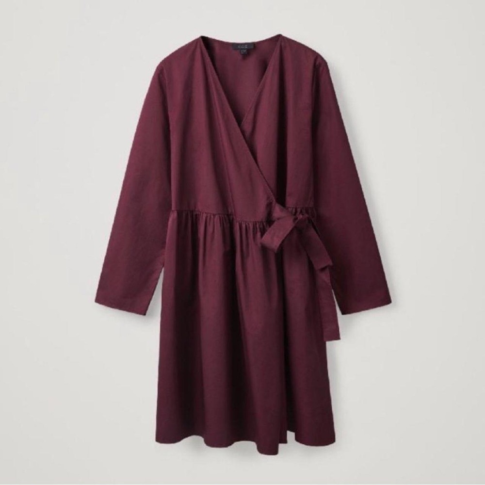 COS Burgundy 100% Cotton Wrap Front Tie Dress Long Sleeve Pockets Size 12